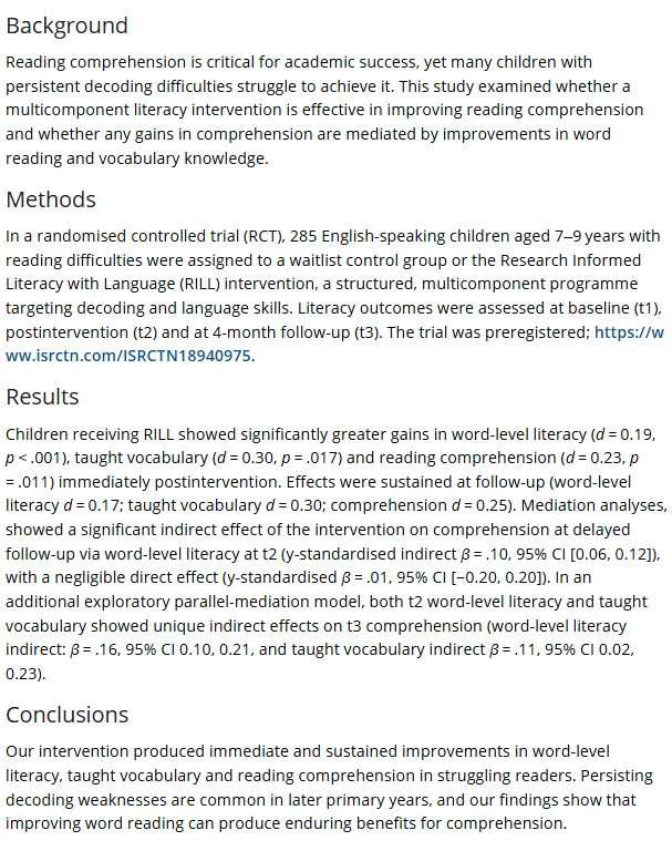 DTWillingham's tweet photo. Decoding and vocabulary improvements mediate sustained gains in reading comprehension:https://t.co/V7hZ4sDXWv https://t.co/Rrcwbz5Dkp