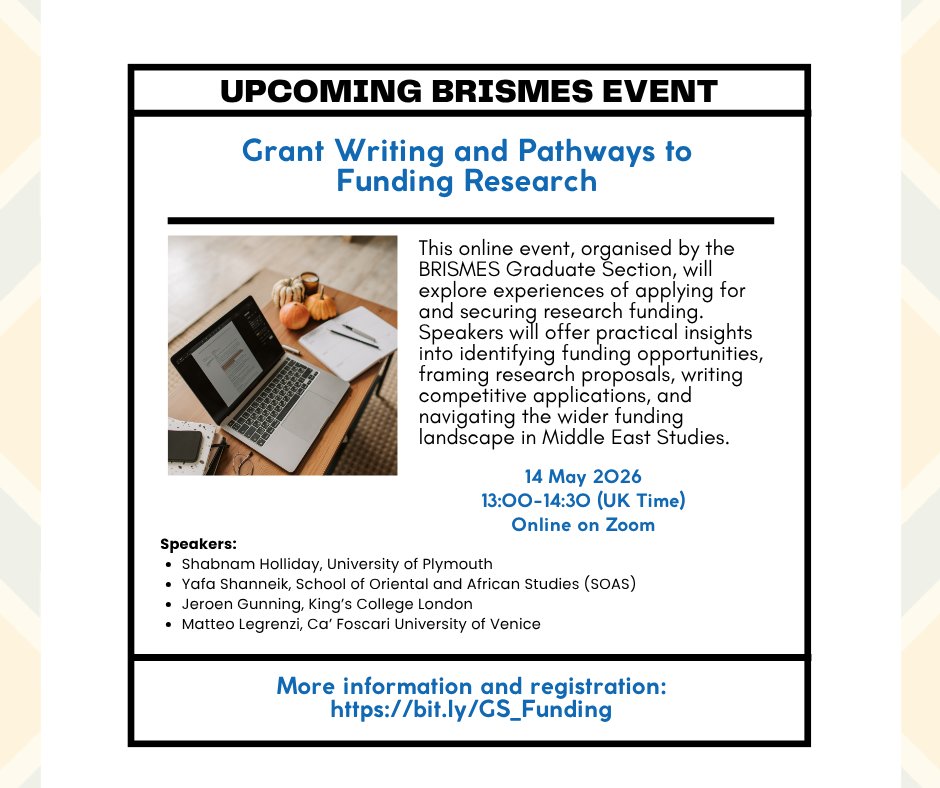 OfficialBrismes's tweet photo. #UpcomingEvent | Grant Writing &amp; Pathways to Funding Research

Join the BRISMES Graduate Section on Thursday, 14 May, for an online discussion on funding opportunities, grant writing, and research development in Middle East Studies.

More info: https://t.co/noOKQ9dnn4 https://t.co/IQnRvmT8lG