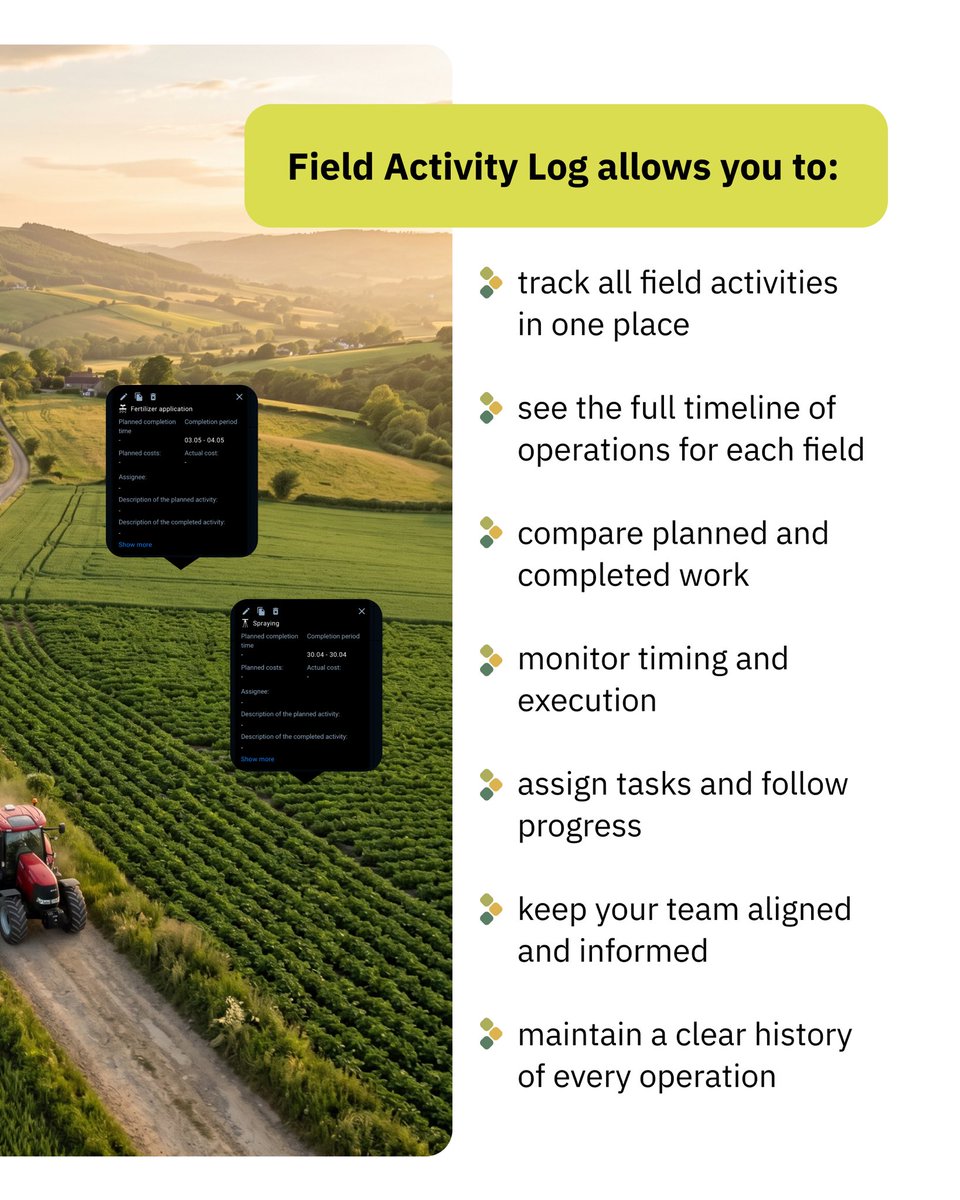 CropMonitoring's tweet photo. Field Activity Log brings all your operations into one structured workflow.

Track activities across fields, monitor execution, compare planned vs completed work, and keep your team aligned in one place. https://t.co/DmCXS8q1I5