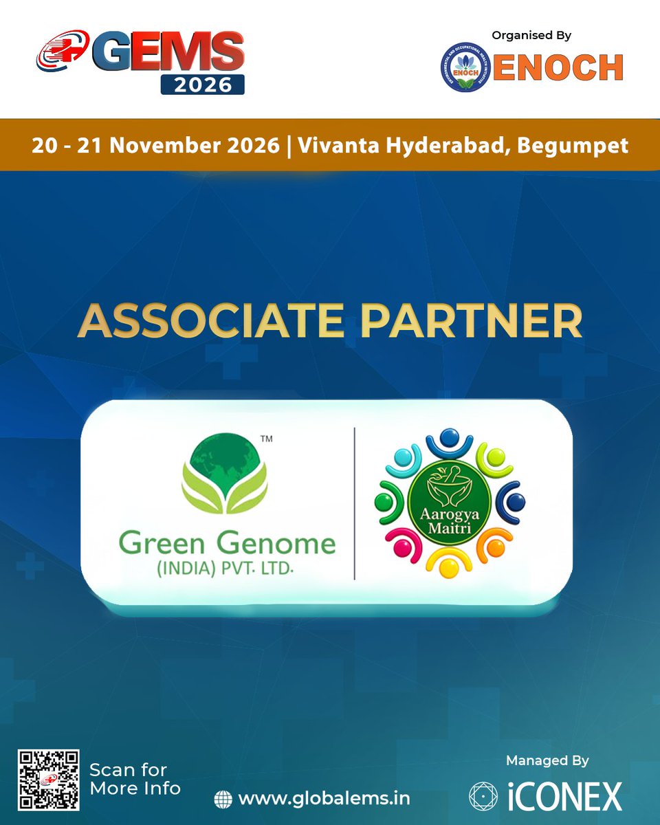 GlobalEMS217675's tweet photo. e are pleased to announce Green Genome and Aarogya Maitri as Associate Partners for GEMS 2026.

📅 20 - 21 November 2026
📍 Vivanta Hyderabad, Begumpet

🔗https://t.co/BAX2OYYrDv

#GEMS2026 #AssociatePartner #EMS #EmergencyMedical #Conference https://t.co/FrXe5uB29r