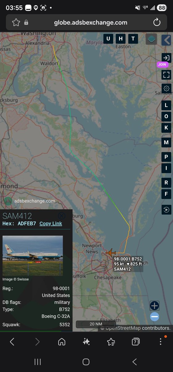 Borrowed7Time's tweet photo. USAF C-32A 98-0001 #ADFEB7 as SAM412 en route from JB Andrews to Naval Station Norfolk.
@sipjack1776 @LadyAstroJet @USGovJets https://t.co/FYRVOsdFAt