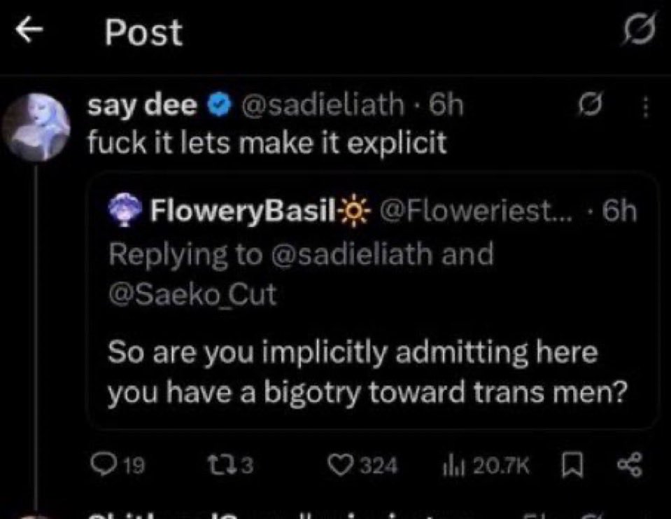 RileySnapss's tweet photo. @RhiannonKrs She was specific about trans men.

Hope this helps! https://t.co/x4C8RpqjdR