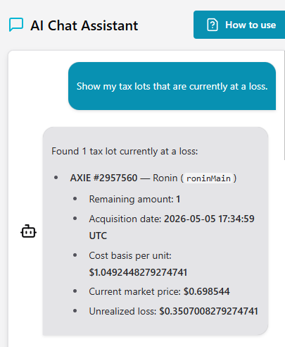 TxChatLens's tweet photo. Demo: https://t.co/Vqb4gCRbOU

We’re building an AI assistant to make crypto taxes and tracking less of a headache with @TxChatLens.

It’s an early version currently being tested on #Ronin.

Instead of staring at block explorers, you sync a wallet and ask questions. In the example below, the AI checked an NFT acquired for ~$1.04. It found the current floor price is ~$0.69, meaning if sold today, it calculates an exact loss of ~$0.35 to help offset other gains.