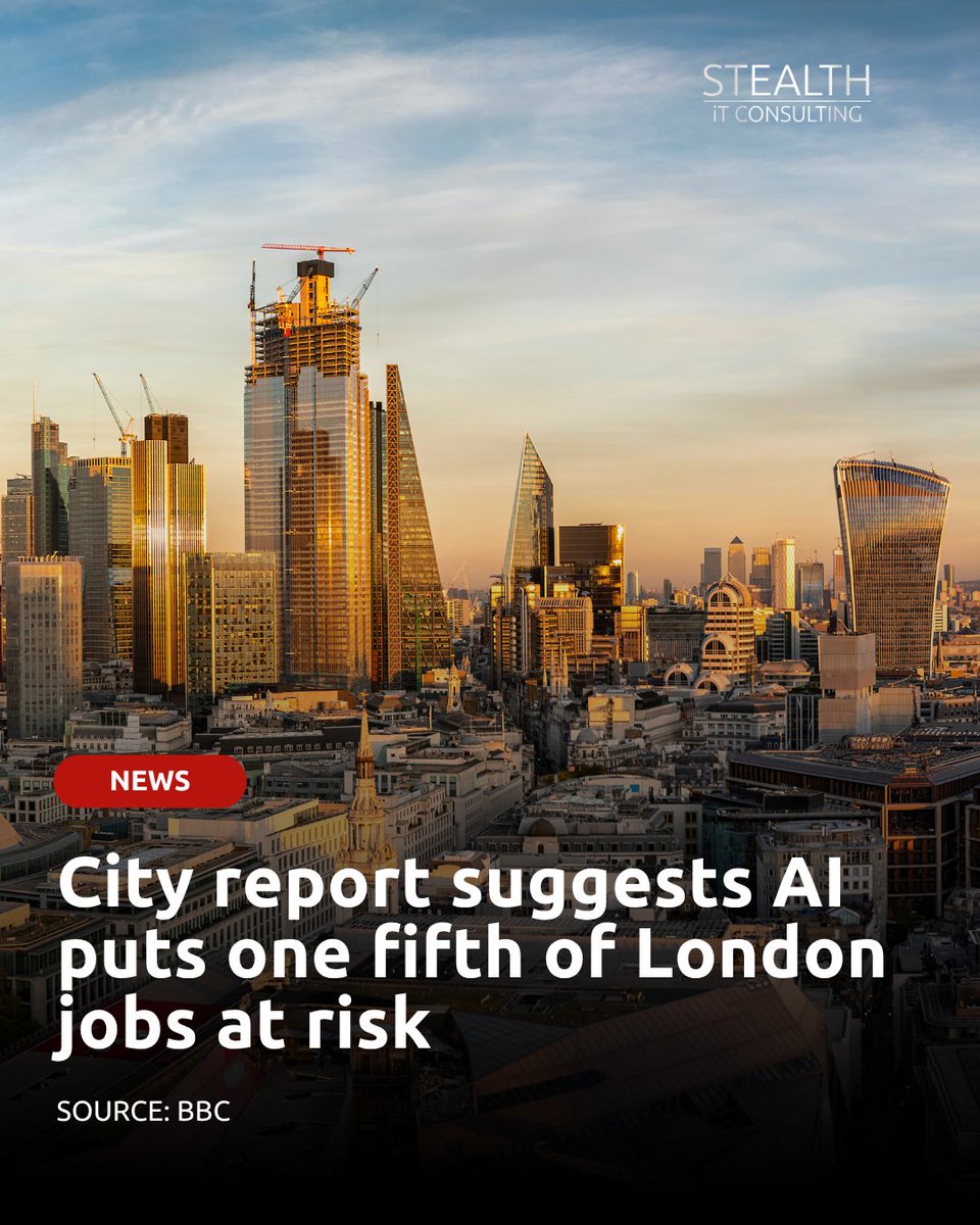 StealthIT's tweet photo. @BBC: a new City Hall report has found at least 1 million London jobs are highly or significantly exposed to AI.

Admin roles face the highest risk, while IT, data and secretarial work may also be affected. The focus now: adaptation, upskilling and working alongside AI. https://t.co/ksbDVi1yst
