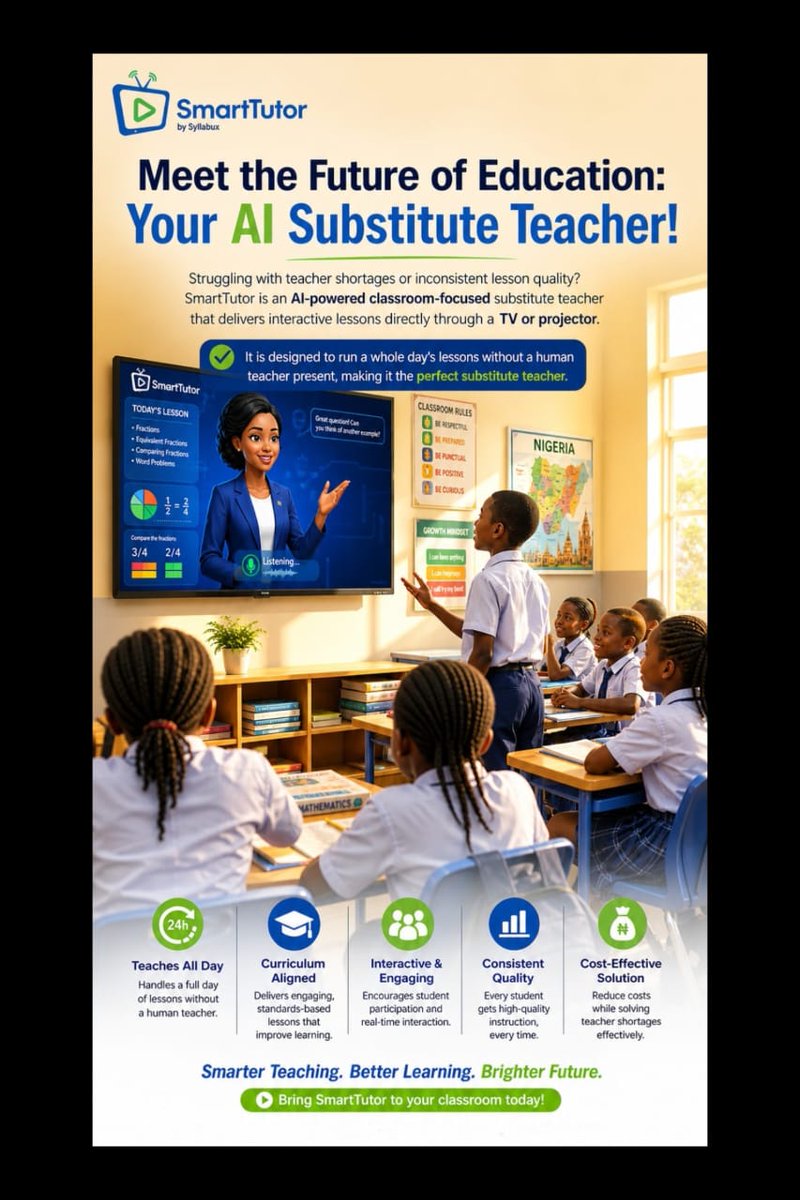 syllabux's tweet photo. Meet your AI Substitute Teacher 🤖📺

SmartTutor runs full lessons—no teacher needed.
📅 Timetable-driven
🧠 Interactive (Q&amp;A in real time)
📚 Curriculum-aligned
📡 Works offline
No gaps. Just continuous learning.
#SmartTutor #EdTechNigeria #AIinEducation https://t.co/vuVW7WCyR4