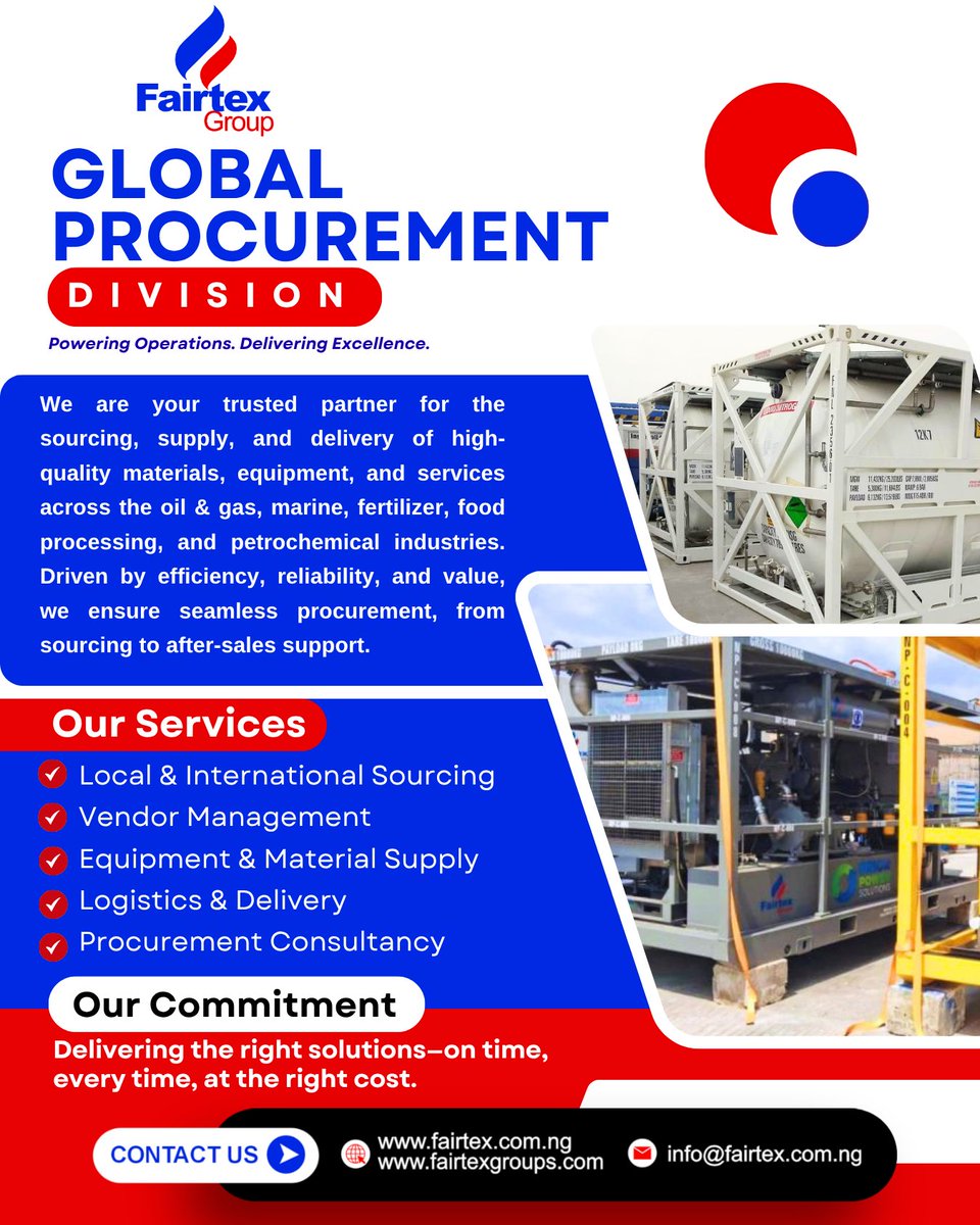 Fairtex_ltd's tweet photo. In today’s fast-paced industrial landscape, reliable procurement is not optional, it’s critical.

We deliver end-to-end sourcing, supply, and logistics solutions across: Oil &amp; Gas | Marine | Fertilizer | Food Processing | Petrochemicals https://t.co/KpBfWo8Ppa