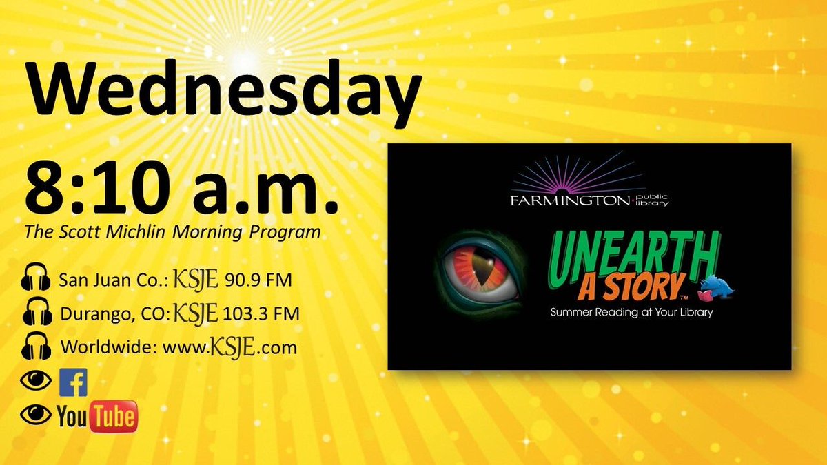 KSJE's tweet photo. Get the #deets about the #SummerReadingProgram at #ReadFarmington!
#Author Sean Gerrity is on "Write On Four Corners!"
Stay connected with the KSJE Radio #app!
Cloudy, breezy, rainy &amp; cooler #nmwx today! https://t.co/nUY8TvpBHD