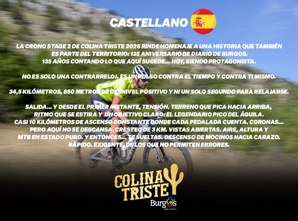 ColinaTriste's tweet photo. 🇪🇸 ETAPA 2 - 135º ANIVERSARIO DIARIO DE BURGOS

La Crono empieza con un ascenso al Pico del Águila y termina con el DH Santa Barbara y el Gran Chiroco.
En medio, 34,5 km que van a medir exactamente quién eres encima de la bici.

Hoy tú escribes la tuya. ⏱️ https://t.co/PAvHdxgPPO