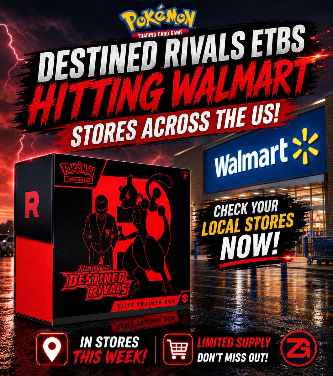 ZunemCookGroup's tweet photo. 🚨 DESTINED RIVALS ETBs ARE HITTING WALMART 🚨

Destined Rivals ETBs are showing up at Walmart stores now 👀🔥
Check your local Walmart before they’re gone.
Comment “WALMART” for help finding locations 📍

Join Our Free Discord Below! 👇
https://t.co/Or0NmfqkDM
#pokemon #walmart https://t.co/v3IhvYOoIZ