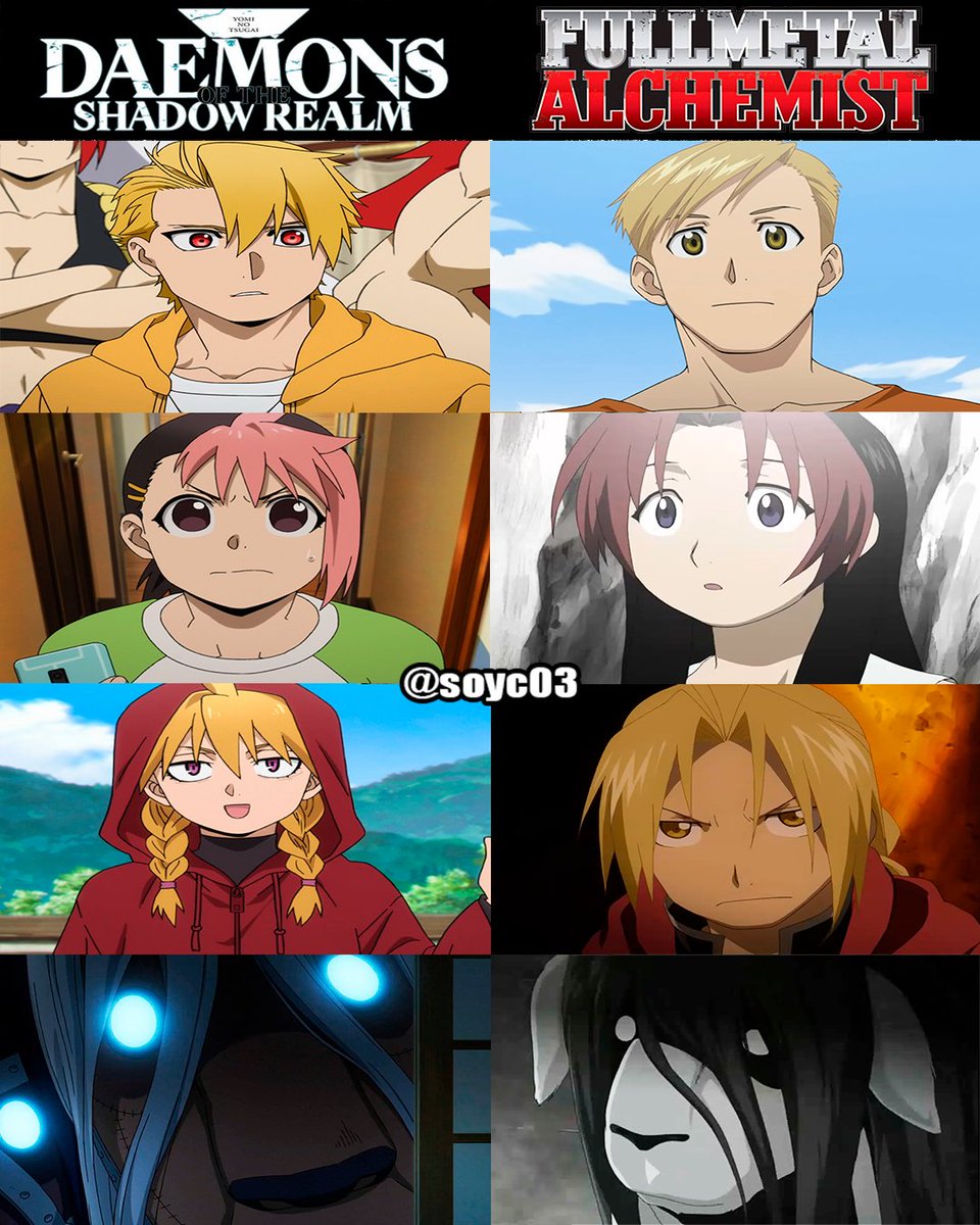 Ahora que Yomi no Tsugai está en emisión, siempre trato de ver cuantos personajes comparten parecido con los de Fullmetal Alchemist

PD: Pasan los años y aún sigue doliendo lo de Nina y Alexander 💔

#AnimevsManga #YominoTsugai #FullmetalAlchemist #HiromuArakawa