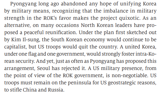 Reminder: the DPRK has made several propositions for peaceful reunification with the ROK under one condition - the complete withdrawal of the US military presence. This has been rejected every time.