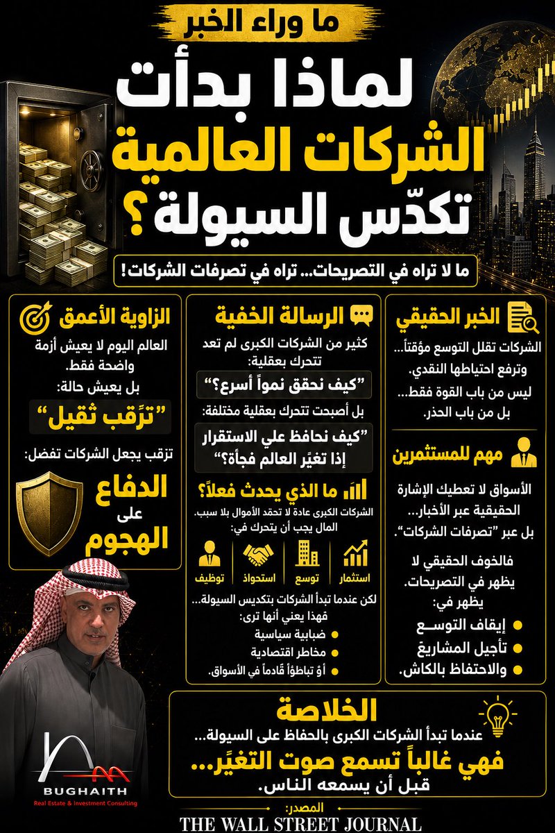 ALaa_Bughaith's tweet photo. مو كل شركة تحتفظ بالسيولة لأنها قوية…
أحياناً تحتفظ فيها لأنها تسمع صوت تغيّر قبل الناس.

الشركات الكبرى اليوم بدأت تقلل التوسع… وتزيد الكاش.
وهذي عادةً مو إشارة “نمو”…
هذي إشارة “حذر مؤسسي”.

الأسواق أحياناً ما تكشف الحقيقة عبر الأخبار…
تكشفها عبر تصرفات الشركات.

المصدر:
The Wall Street Journal

#الاقتصاد
#الاستثمار
#ما_وراء_الخبر