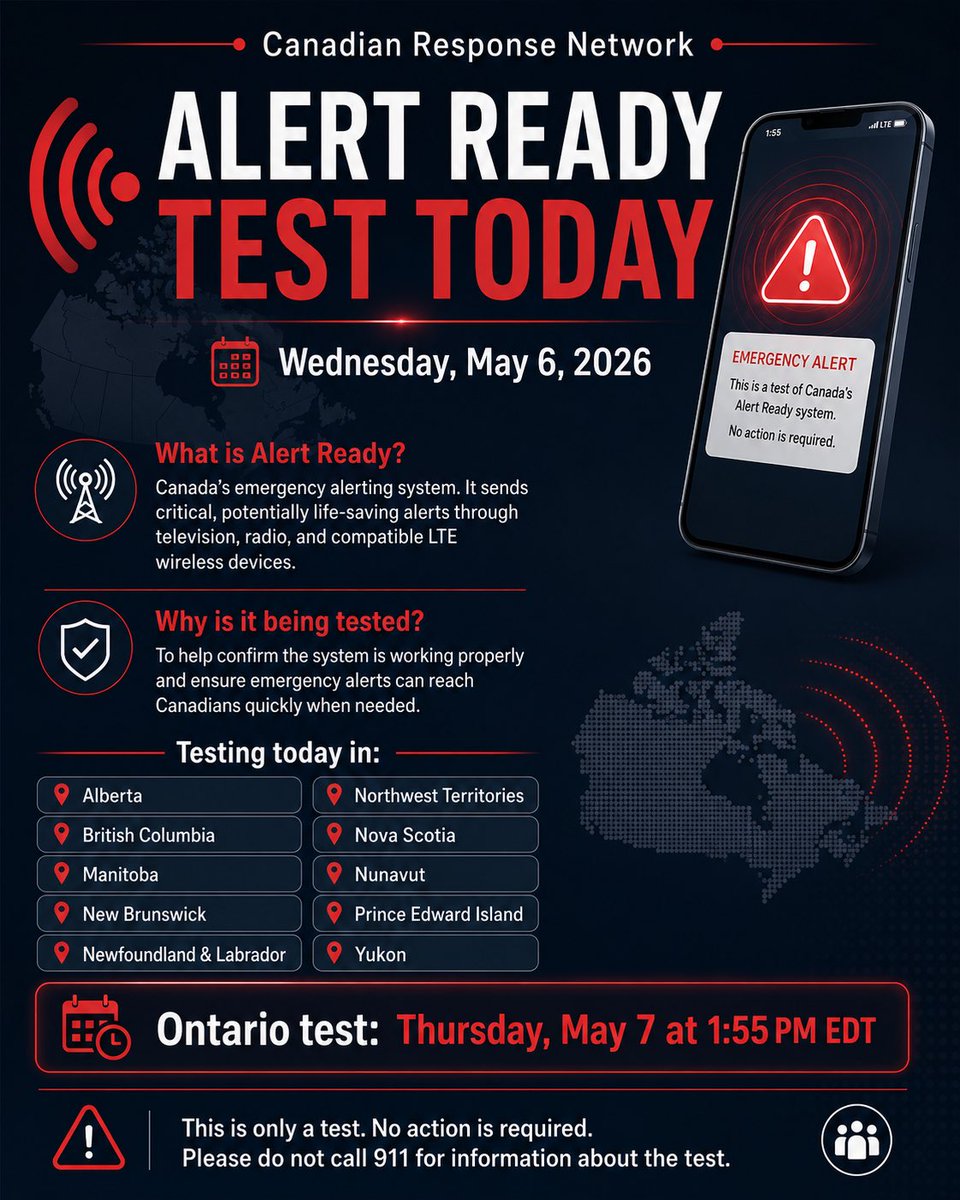 VA3ORF's tweet photo. 🚨 Alert Ready Test Today

Canada’s emergency alert system will be tested today at scheduled times across several provinces/territories.

This is only a test. No action is required. Do not call 911.

Ontario: Thursday, May 7 at 1:55 PM EDT. https://t.co/3jmfjcYHim