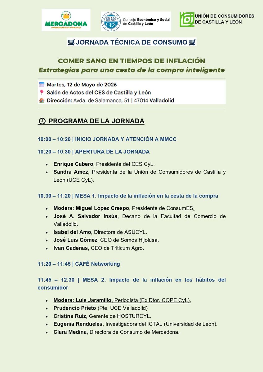cescyl's tweet photo. 🗓️12 mayo⏰10:00 h Jornada de @CyLconsumidores "COMER SANO EN TIEMPOS DE INFLACIÓN: Estrategias para una cesta de la compra inteligente" con @cescyl @Mercadona @ConsumEs_es @comercio_uva @asucyl @hijolusa @Triticum_Agro @HOSTURCyL @IctalUle @ljaramillocope📍Salón de Actos @cescyl https://t.co/2vO2ESRdI7