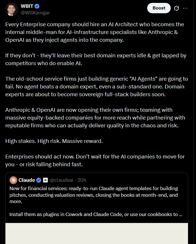 <a href="/anomsiiwa/">Anotida Msiiwa</a> <a href="/mcuban/">Mark Cuban</a> That race is already won (see tweet) even if AI-natives have the raw speed. The below <a href="/ivanalog_com/">seekinganythingbutalpha</a> said it well too.

The real question is: Who owns the data? What protection exist for the domain experts?

What happens when the big incumbents no longer need them, and AI natives