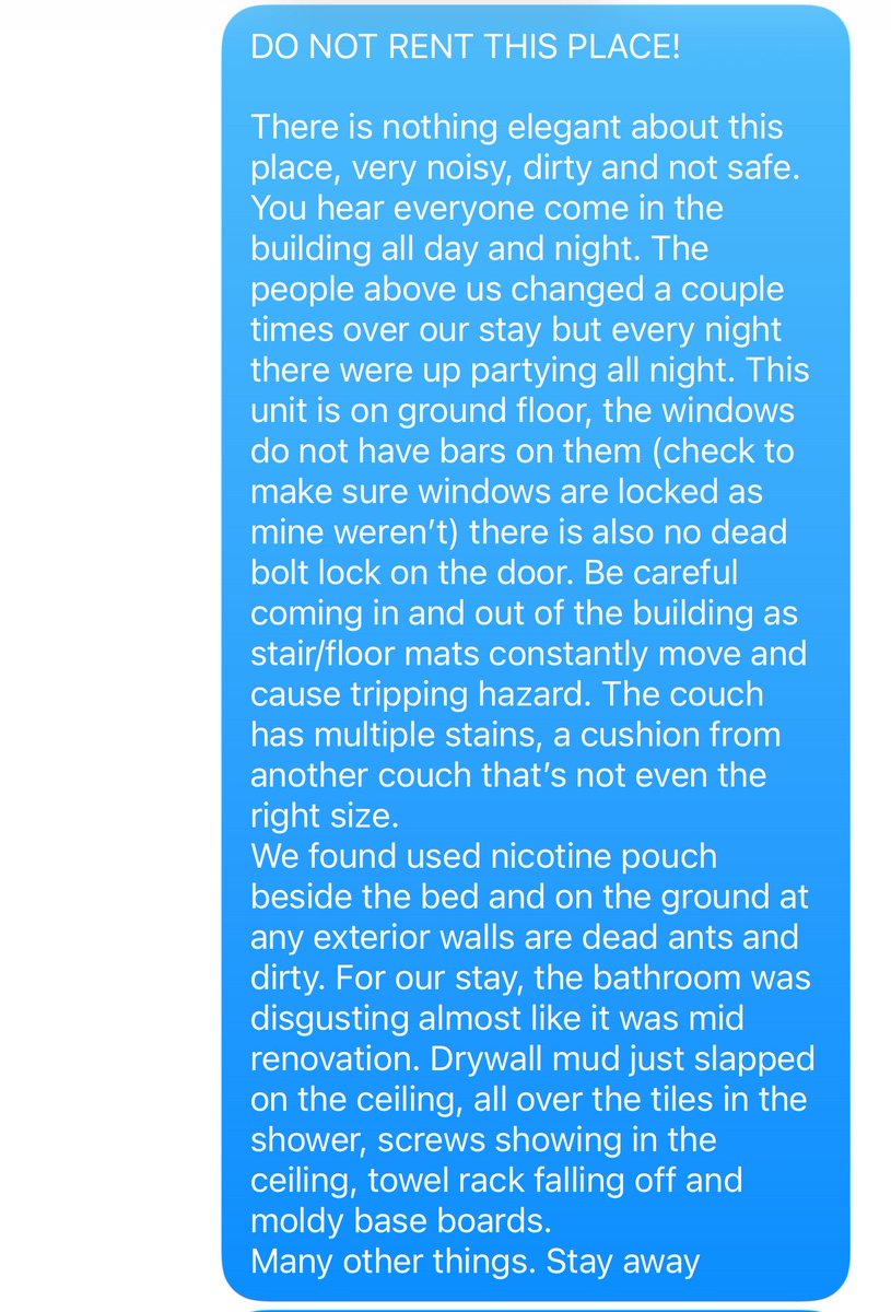 ClairCares's tweet photo. After using @Airbnb for years and many trips it might be time to switch back to hotels or @vrbo. 

Airbnb has not backed me as a customer, with picture proof of a bad stay. I was blackmailed by the host, when I wrote my review Airbnb took it down. https://t.co/7b6bHzWWlb