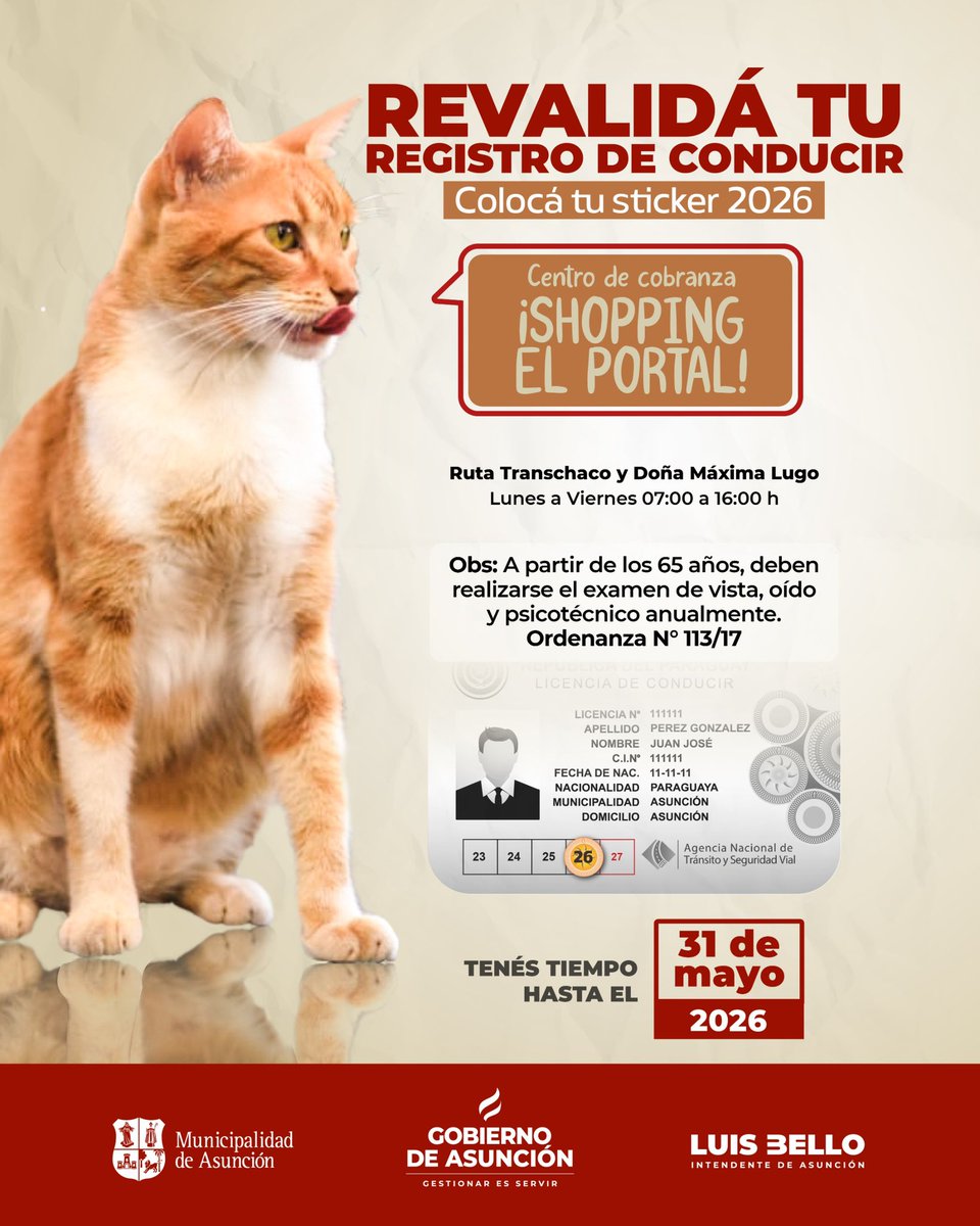 AsuncionMuni's tweet photo. #AsuInforma 😺
🪪📍Si sos del B° Loma Pytã o alrededores y tenés que revalidar tu licencia de conducir, te recordamos que podés realizar esta gestión en el Shopping El Portal. ¡No hace falta que vengas hasta la Muni para ponerte en regla! https://t.co/TRbcoSjRVP