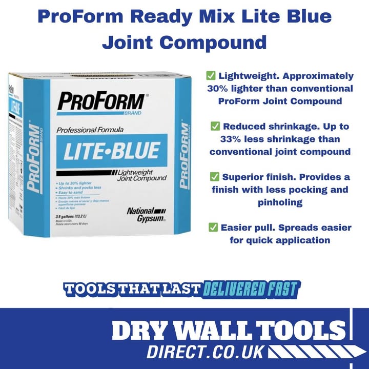 ProForm Ready Mix Lite Blue Joint Compound – built to make finishing easier and faster.

Ideal for finishing gypsum board joints, spotting fasteners, and finishing corner bead, Lite Blue is a reliable choice for professional results every time.

Shop now: ow.ly/b5GJ50YmySG