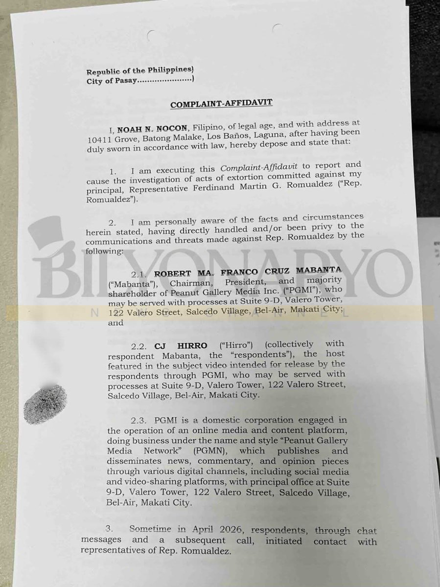 jesusfalcis's tweet photo. 🚨 JUST IN: The NBI affidavit complaint shows they will sue not just Franco Mabanta but also CJ Hirro for the ₱350 Million extortion!

That’s because she was the anchor in the supposed attack video against Martin Romualdez!

Kaya pala nag deactivate. 😂

#Peanuts https://t.co/HceTA6dvBR