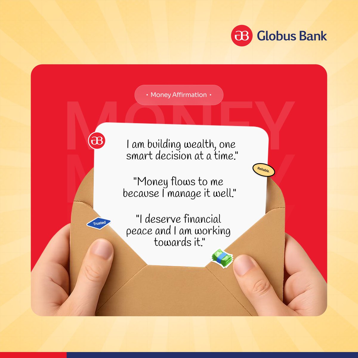 What you consistently believe and act on shapes your financial future.
Affirm it. Act on it. Achieve it.

Your financial journey starts with the mindset you choose every day.

#GlobusBank #MoneyAffirmations #FinancialGrowth