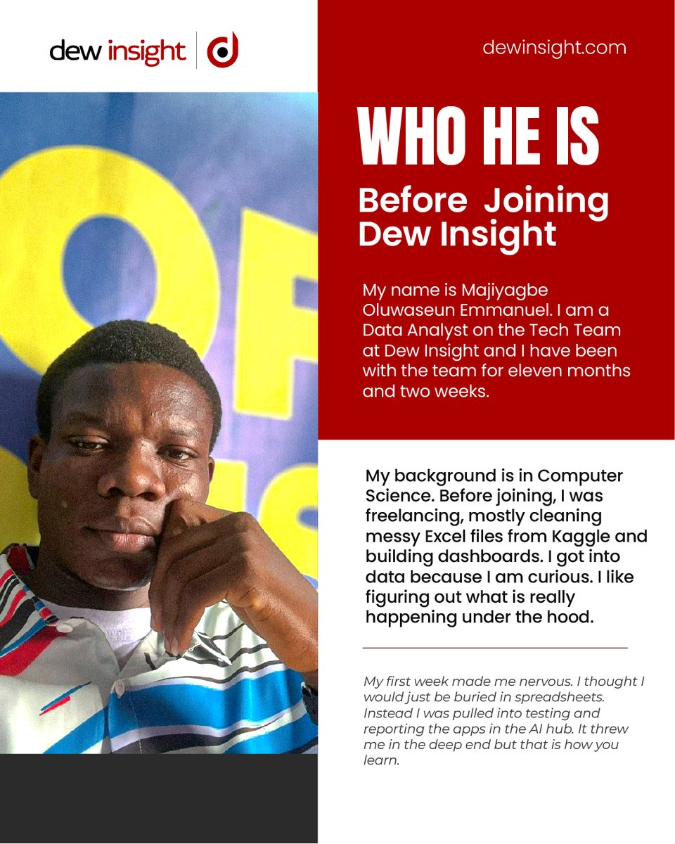 dewinsight_'s tweet photo. Growth at Dew Insight is about ownership and impact.

Episode 2 of #FacesBehindDewInsight spotlights Seun’s journey from data exploration to leading a firm-wide strategy dashboard within his first year.

#DewInsight #DataAnalytics https://t.co/ZAzGPLmDwC