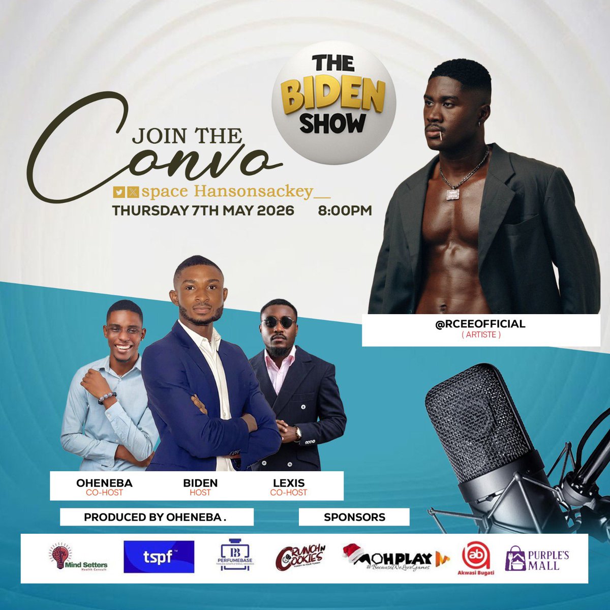 Join us tomorrow live here on #TheBidenShow as we bring you an another captivating show with the Man of the Moment <a href="/rceeofficial_/">Big CEE</a> ! I’m excited 😊 😍🥳

Cohost; <a href="/ohenebanurudeen/">Oheneba Nurudeen 🇩🇪</a> <a href="/Thereal_lexis/">Thereal_lexis</a> 
Sponsors ! <a href="/mohplay_inc_/">MohPlay Inc🎮🎮</a> <a href="/Perfumebase_/">Perfumebase</a> <a href="/CrunchNcookiegh/">CrunchNcookiesgh</a> <a href="/sarkwealthy/">Sark Wealthy Tech Consult 🇬🇭</a> <a href="/Stillgreen_1/">Mind Setters Health Consult</a>