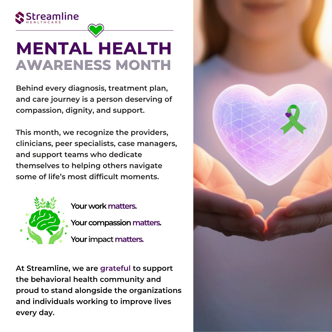 StreamlineHCSol's tweet photo. This Mental Health Awareness Month, we honor the providers and care teams helping others through life’s hardest moments.
Your work matters. Your compassion matters. Your impact matters. 💜
#MentalHealthAwarenessMonth #BehavioralHealth https://t.co/VYFt4eJEOd