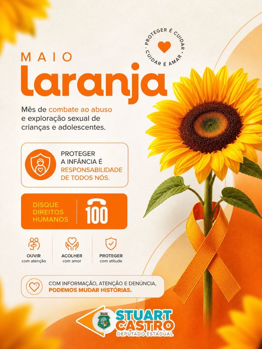 stuartcastro's tweet photo. 🌻 Maio Laranja é um chamado à consciência e à ação.

Este é o mês de combate ao abuso e à exploração sexual de crianças e adolescentes, uma causa que exige o compromisso de toda a sociedade. Proteger a infância é garantir dignidade, segurança e um futuro mais justo para todos. https://t.co/eINgvePUC6