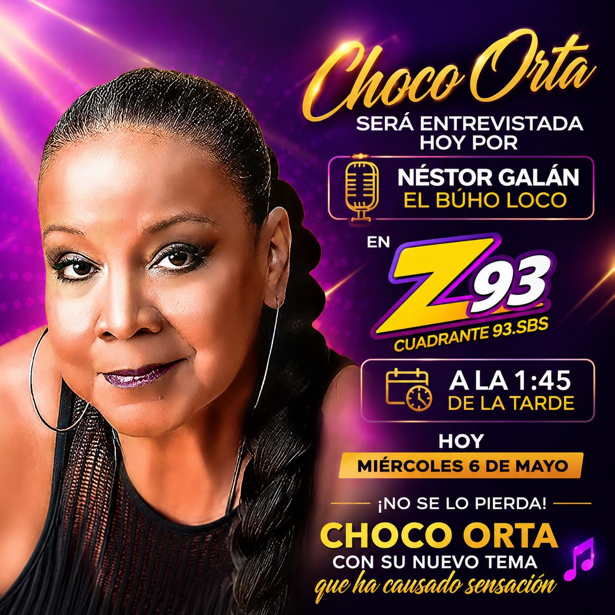 Hoy estaré en entrevista con Néstor Galán “El Búho Loco” por Z93, la emisora nacional de la salsa 🔥

Conversaremos sobre mi nuevo tema “Ahí Na Má”, el cual ha causado sensación y continúa llegando al público salsero con mucha fuerza.
🕐 Hoy miércoles 6 de mayo – 1:45 PM
Z93 FM