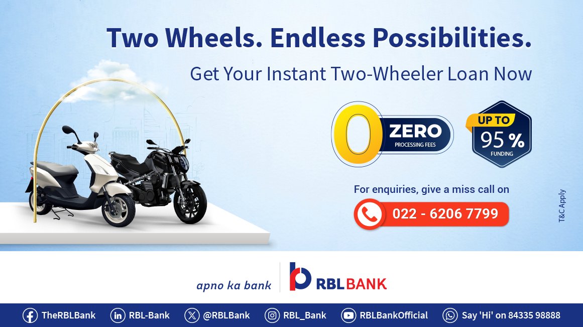 rblbank's tweet photo. Stop Scrolling. Start Riding. ๐๏ธ
Instant approval & easy EMIs with RBL Bank TwoโWheeler Loan. Click to Explore: https://t.co/KZNYUg02P5
Zero processing fees. Limited period offer.
#TwoWheelerLoans #EasyEMIs #ApplyNow #RBLBank #ApnoKaBank https://t.co/9bUxkHlHEa