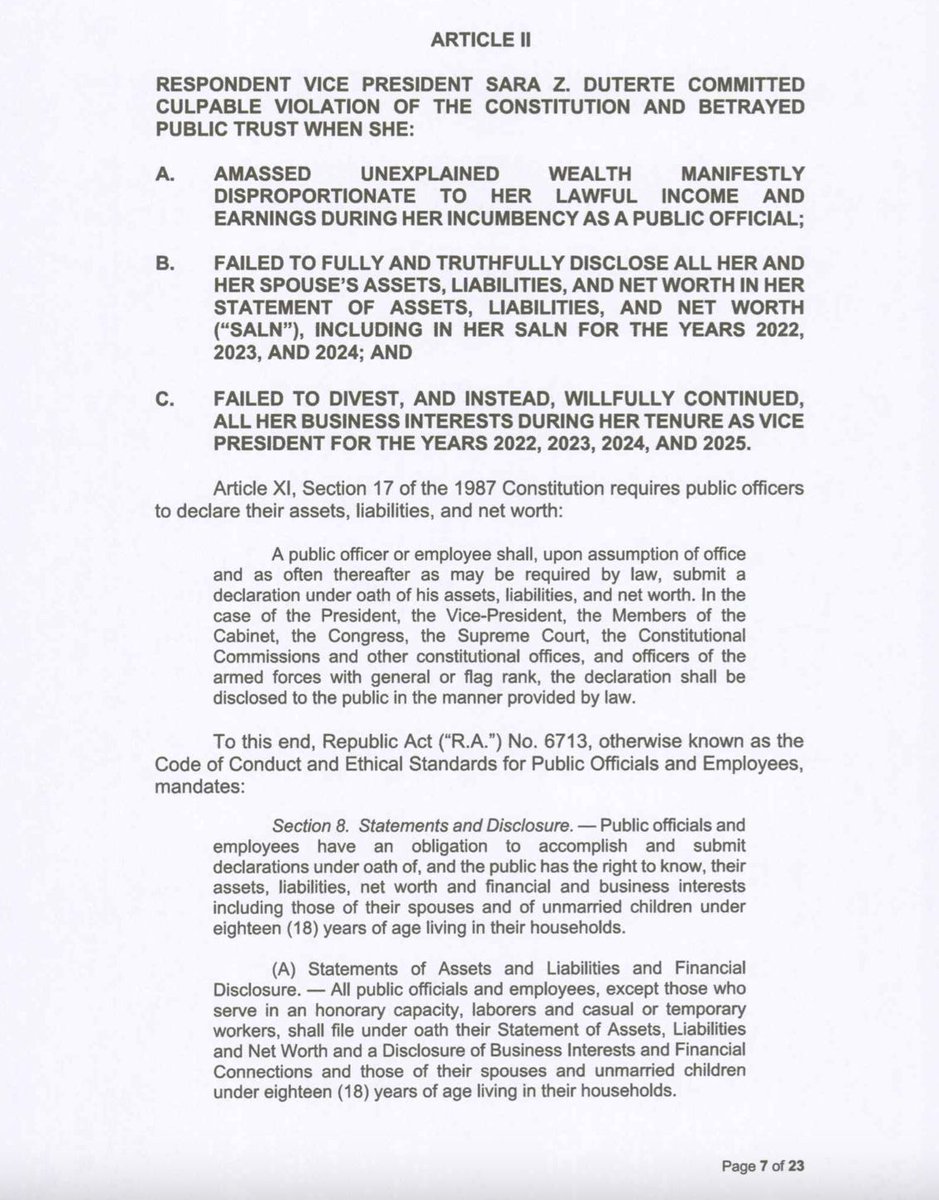 ARTICLES OF IMPEACHMENT VS DUTERTE

LOOK: A copy of the Articles of the Impeachment against Vice President Sara Duterte, which was distributed to the House members ahead of the scheduled plenary vote on May 11. 

The justice committee outlined four articles of impeachment, citing