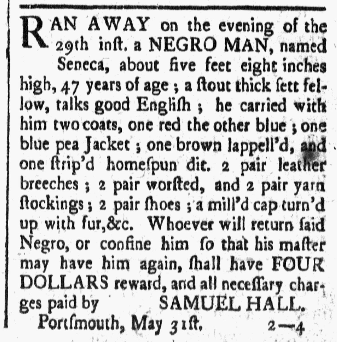 TradeCardCarl's tweet photo. Who was the subject of an advertisement in a revolutionary American newspaper 250 years ago today?

“RAN AWAY… a NEGRO MAN, named Seneca.”

Adverts 250 Project: Featured Advertisement for June 1
#Adverts250

Learn more: https://t.co/cpEMj5Lki1 (Image: Freeman's Journal, @Readex) https://t.co/BkqTn95dBa