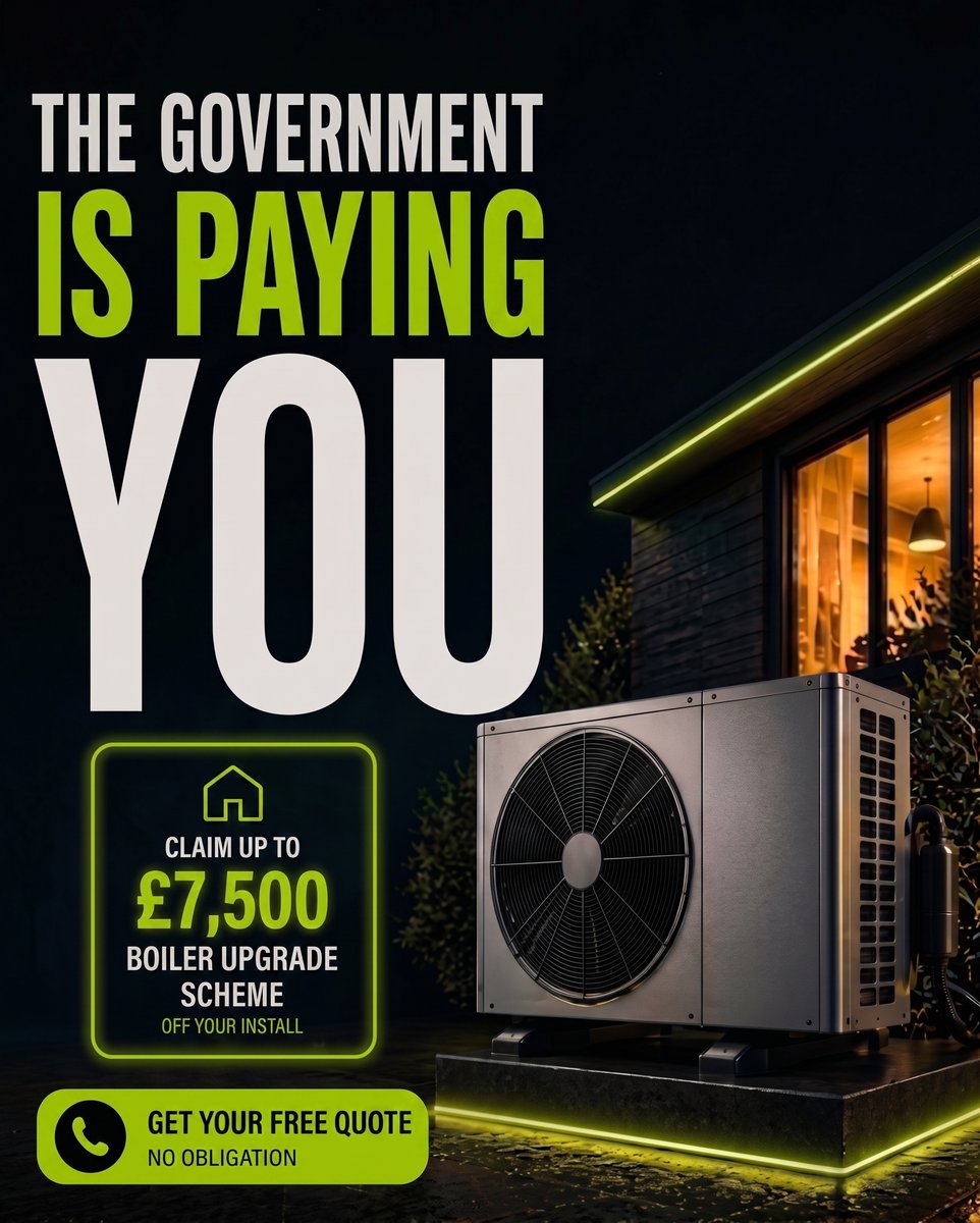 ECO4Scheme's tweet photo. The government is handing out up to £7,500 towards a heat pump installation. 

If you're still running a gas or oil system, there's a good chance you're eligible for the Boiler Upgrade Scheme. 

A full air source heat pump installation.

We handle the entire grant application for you. No paperwork headaches.

Find out if you qualify 👇
https://t.co/g40w1CFhxT