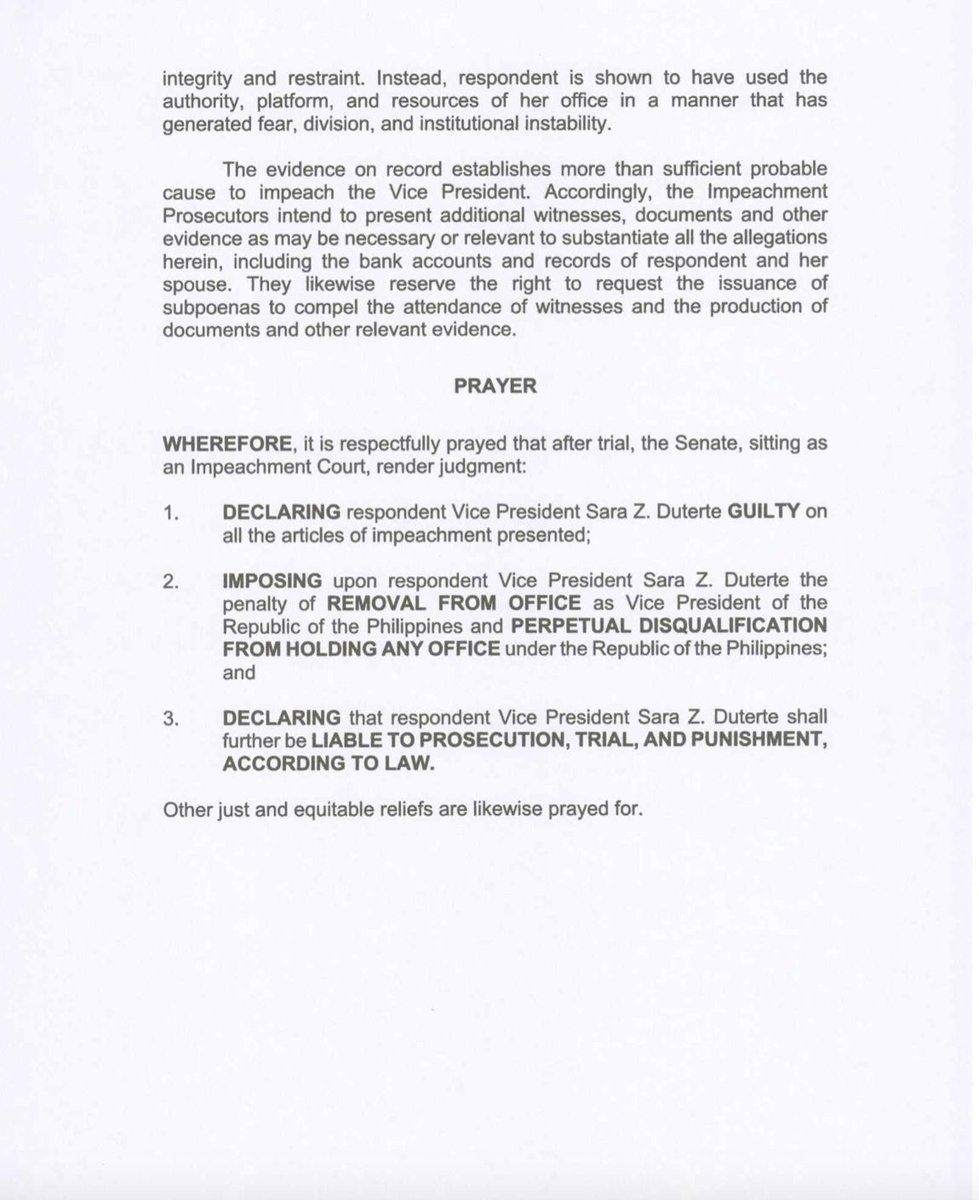 ARTICLES OF IMPEACHMENT VS DUTERTE  

LOOK: A copy of the Articles of the Impeachment against Vice President Sara Duterte, which was distributed to the House members ahead of the scheduled plenary vote on May 11.   

The justice committee outlined four articles of impeachment,