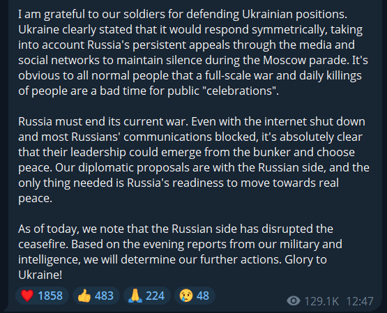 Zelenskyy stated that Ukraine declared a ceasefire starting at 00:00 on the night of May 5-6, noting that they would act symmetrically from that moment onward. As of 10:00 AM, the Russian Armed Forces have violated the ceasefire 1,820 times. Zelenskyy added that further actions