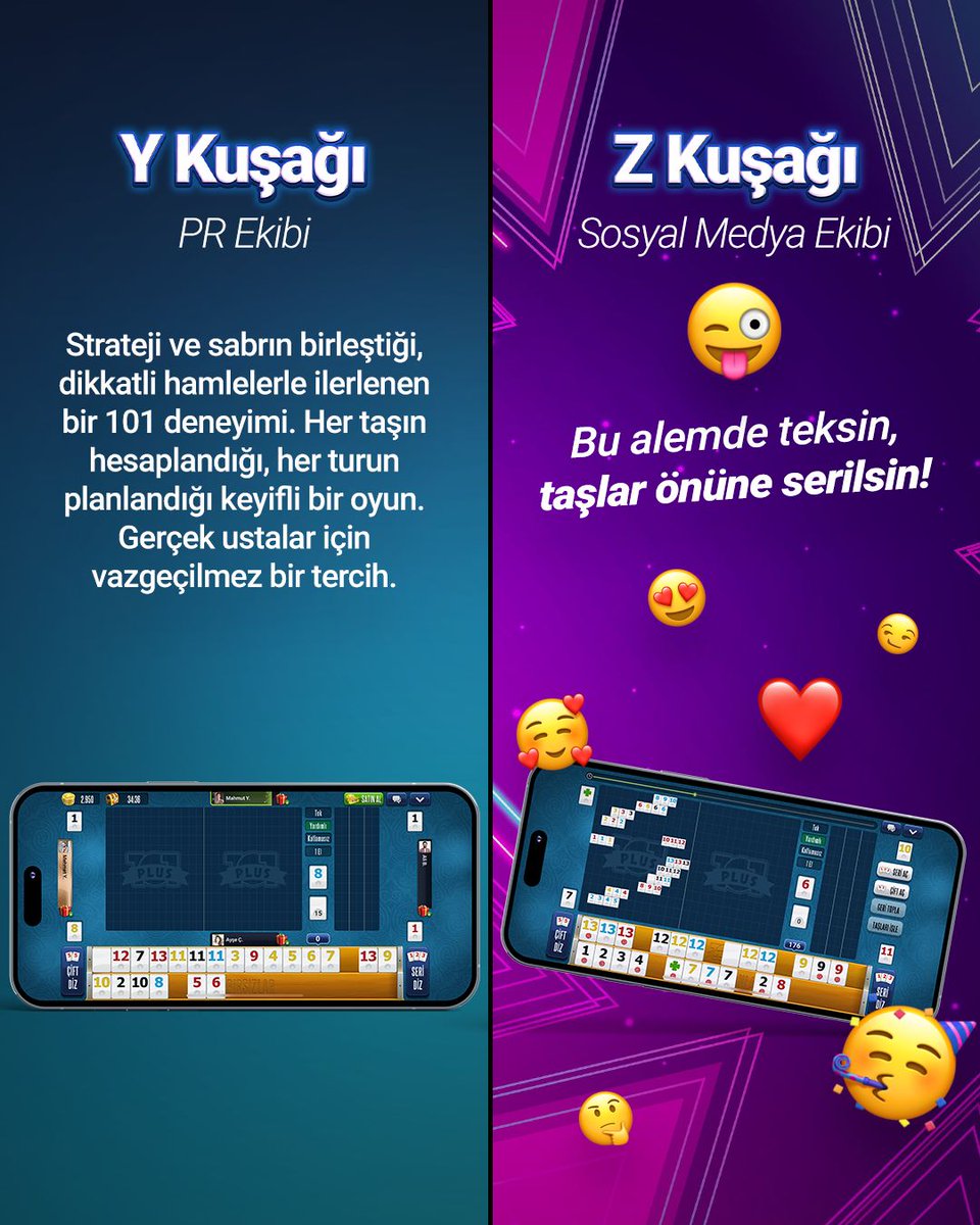 yuzbirokeyplus's tweet photo. Z kuşağı masaya 'vibe' getirir, Y kuşağı ise okeyi bitirir. 😎
#101okeyplus https://t.co/KSdfjnCO9E