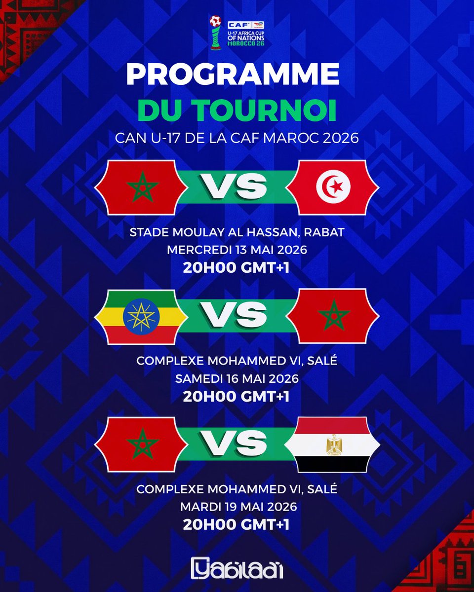 yabiladi_fr's tweet photo. 🦁🇲🇦 Découvrez le calendrier complet de notre Équipe Nationale U17 pour la phase de groupes de la CAN MAROC 2026.

#Maroc #EquipeDuMaroc #LionDeLAtlas #CANU17 https://t.co/QiehzzJlg5