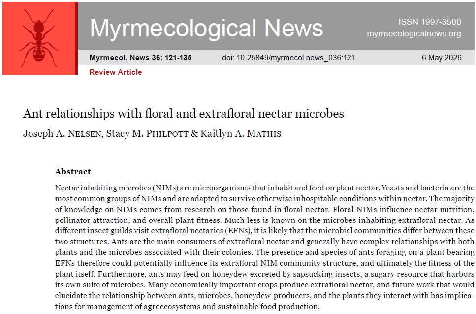 MyrmecolNews's tweet photo. 🆕Article: Ant relationships with floral and extrafloral nectar microbes.
Nelsen, J.A, Philpott, S.M. & Mathis, K.A.
#microbs #nectar #floreal #extrafloreal #ants
https://t.co/nEUsegyVcH https://t.co/huzyfYWD2p