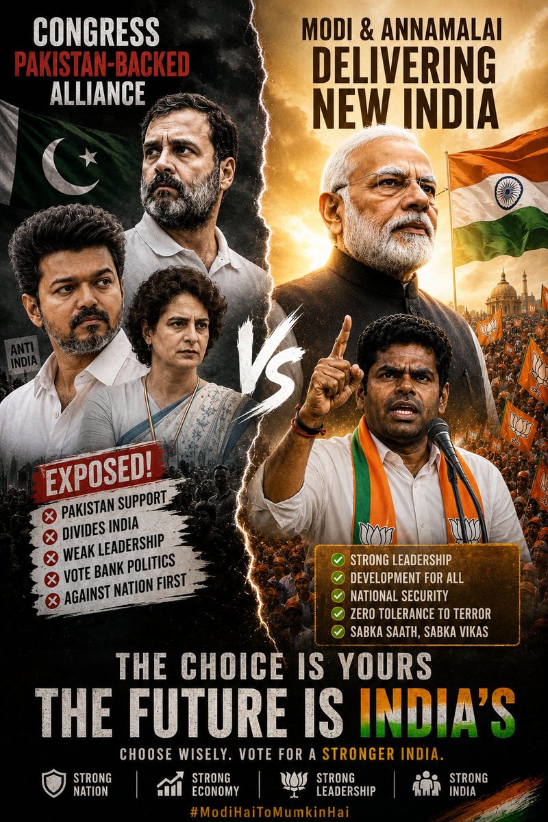 HinduAstraX's tweet photo. 🇮🇳 Two ideologies. One future.
Choose leadership that puts India first.
Strong borders. Strong economy. Strong nation.
#ModiHaiTohMumkinHai #IndiaFirst #NewIndia #ModiAgain #BJP #Annamalai #ViksitBharat #NationFirst #TamilNadu #Politics #tnassemblyelections https://t.co/XtTpZwb3dH