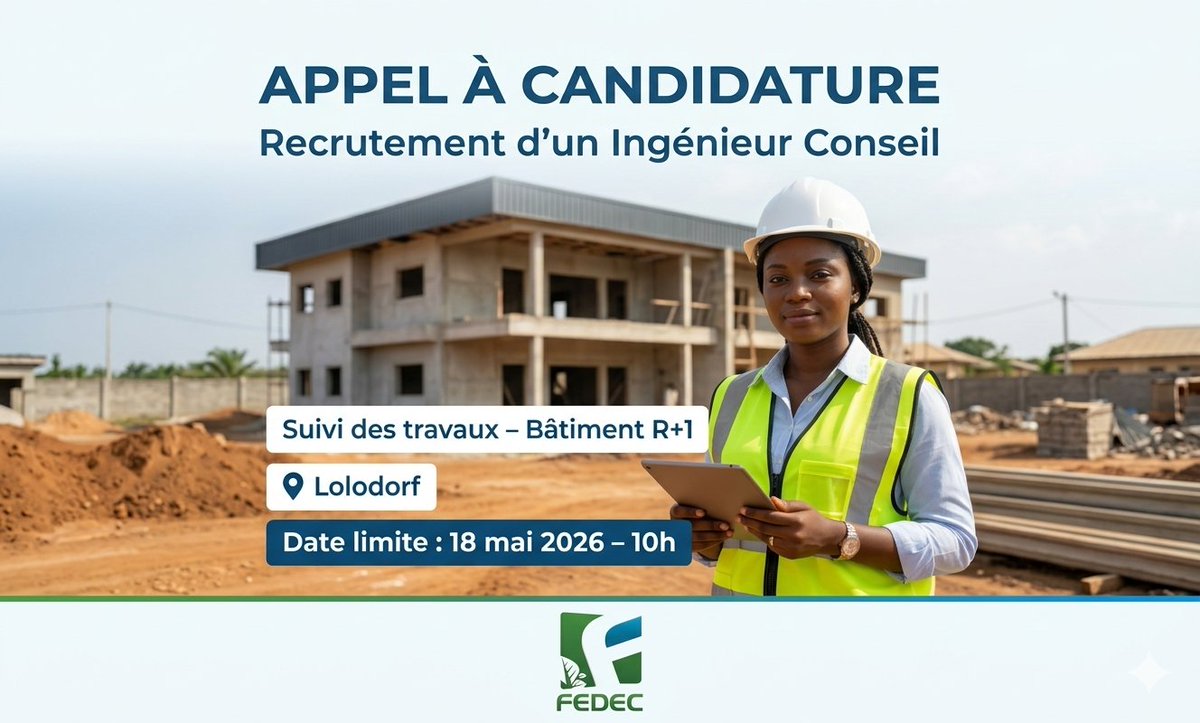 sitefedec's tweet photo. La FEDEC recrute un Ingénieur Conseil pour le suivi des travaux d’un bâtiment R+1 à Lolodorf.
📩 fedec_cam@yahoo.fr
⏰ Clôture : 18 mai 2026 – 10h
Plus d'infos: https://t.co/rM21seR67b
#Recrutement #GénieCivil #FEDEC https://t.co/OiDxYxjb6H