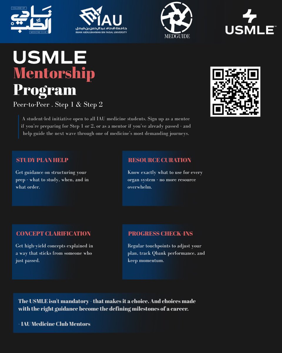MedguideIAU's tweet photo. 🤔مهتم باختبار ال USMLE ؟ 
أو حاب تبدأ التحضير لكن مو عارف من وين تبدأ؟

يسرنا اطلاق مبادرة 
✨ USMLE Peer Mentorship Program ✨

سواء كنت:
🔹 حاب تنضم كمستفيد
🔹 أو مهتم تكون مرشد وتشارك تجربتك

🔗 التسجيل عبر الرابط : 
https://t.co/63AJn8sQMO

التسجيل يغلق الاحد القادم: ٩ مايو https://t.co/r5yXXL5VCh