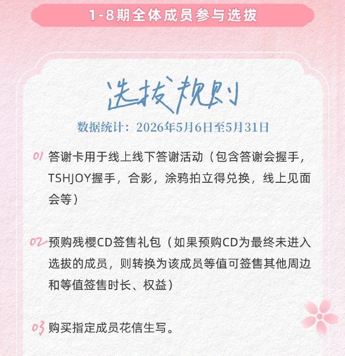 TSH48 akan melakukan pemilihan member senbatsu untuk single baru mereka "Nagori Zakura" partisipasi Gen-1 Sampai 8.

Fans dapat memiliki oshi dengan cara beli marcendise, serta CD Handshake Event.

TSH48 tidak mengatakan ini Sousenkyou, tetapi event ini sama hal dengan formatnya.