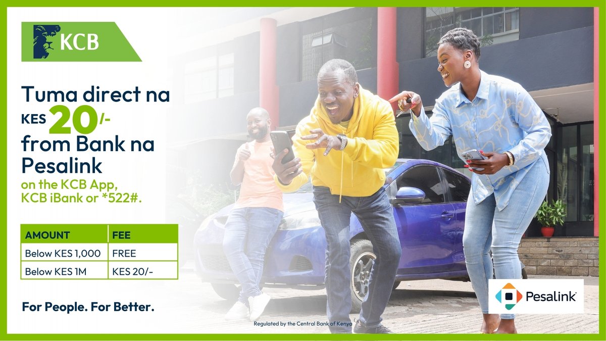 KCBInKenya's tweet photo. Wakuu form nayo ndio hii. Your money should move as fast as your plans. Send bank-to-bank with Pesalink on KCB! KES 20/- flat fee for amounts up to 1M. Below 1,000? On us. 

Download the KCB App or dial *522#. #ForPeopleForBetter https://t.co/MjU0tWYRZh