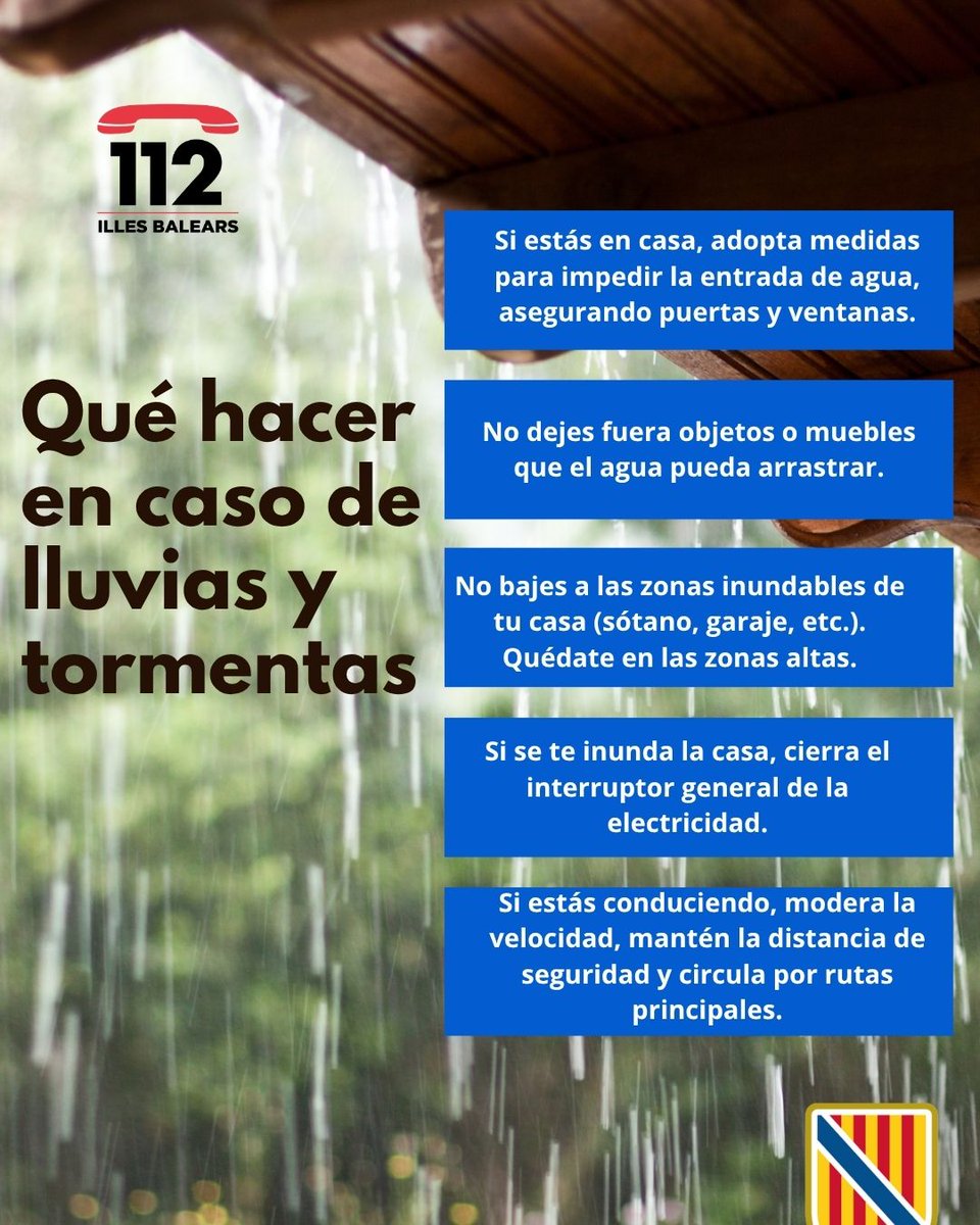 Emergencies_112's tweet photo. ⚠️ Actualització d’alertes per meteorologia adversa 🌧️

🟡 Alerta groga activada (IG-0 del Pla Meteobal) per pluges☔️ a Mallorca, Eivissa i Formentera.

👉 Us demanam precaució durant les pròximes hores. Seguiu les recomanacions de seguretat i telefonau a l'112 📞 en cas d’emergència.

ℹ️ Podeu consultar els avisos actualitzats per hores al canal oficial d’@AEMET_Baleares:
➡️ https://t.co/nfV7Zg2Te5
______________

⚠️ Actualización de alertas por meteorología adversa🌧️

🟡 Alerta amarilla activada (IG-0 del Plan Meteobal) por lluvias☔️ en Mallorca, Ibiza y Formentera.

👉 Os pedimos precaución durante las próximas horas. Seguid las recomendaciones de seguridad y llamad al 112 📞 en caso de emergencia.

ℹ️ Podéis consultar los avisos actualizados por horas en el canal oficial de @AEMET_Baleares:
➡️ https://t.co/nfV7Zg2Te5