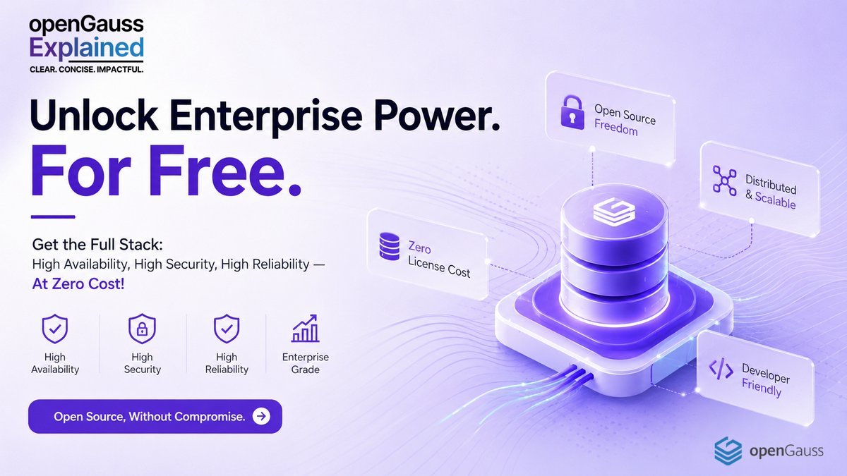 openGauss's tweet photo. High availability, security, and reliability: 3 pillars of enterprise #databases.
As organizations scale with #opensource, maintaining these standards is key. #openGauss offers a compelling answer—delivering enterprise power at zero cost.
Explore more: https://t.co/5Sp1mdB3Gn https://t.co/5RAdwsx1X0