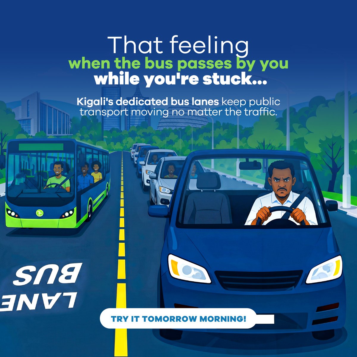 With dedicated bus lanes, getting around Kigali is easier, more reliable, and accessible to all. 

Choose the smartest way to move.