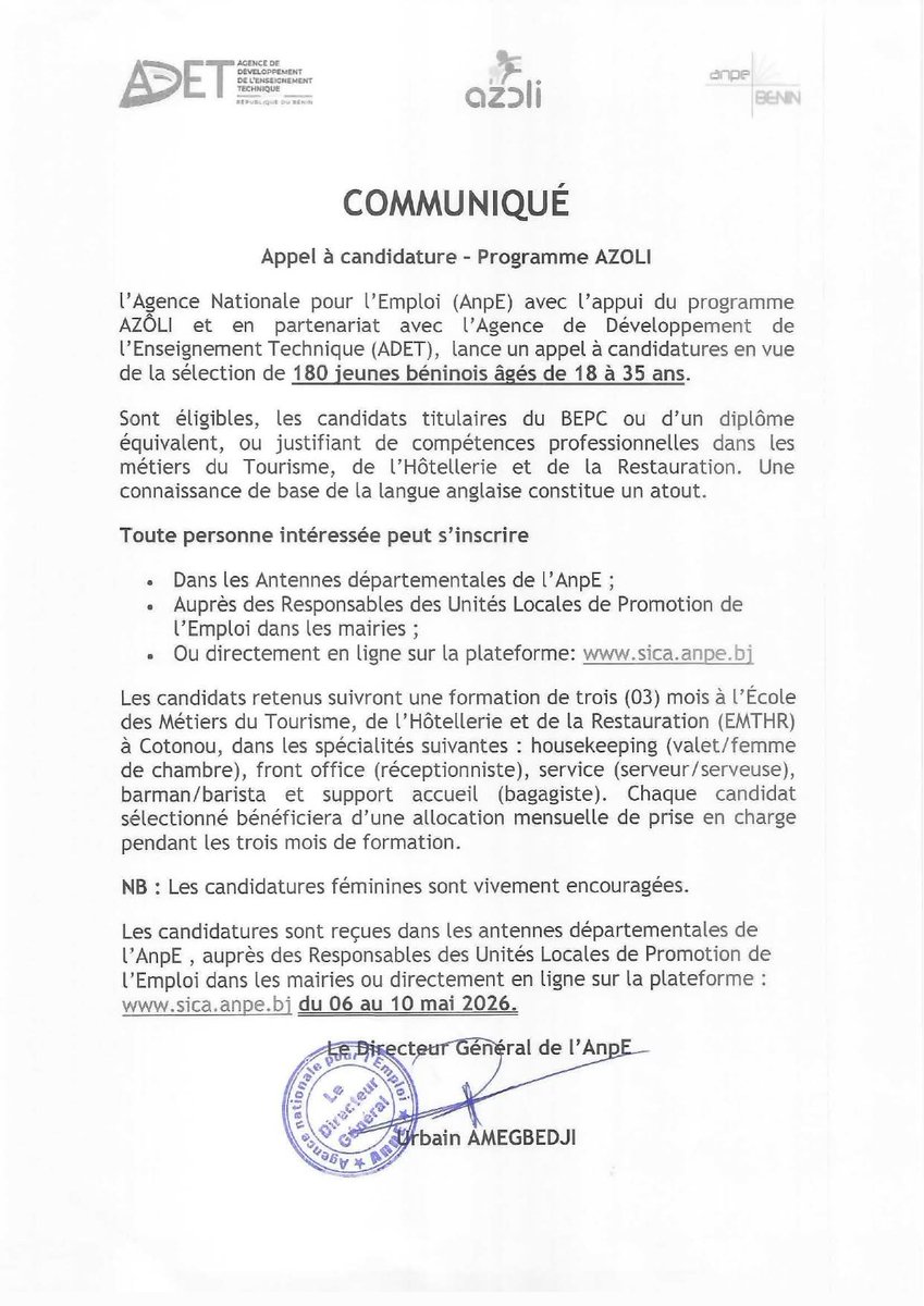 actualites229's tweet photo. 🇧🇯 #AlerteJob || L'@BeninAnpe, en partenariat avec l'Agence de Développement de l'Enseignement Technique (#ADET), lance un appel à candidature pour la sélection de 180 jeunes Beninois âgés de 18 à 35 ans. Lire le communiqué ⬇️ https://t.co/1jJJd8LDGd