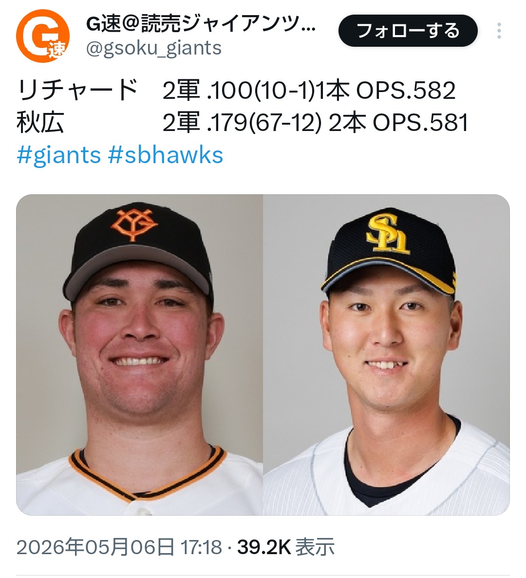 故障明け｣と｢ただの開幕2軍｣で比較されても…ね？ 私のフォロワーさんも