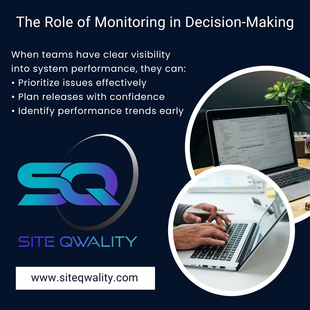 SQwality's tweet photo. The Role of Monitoring in Decision-Making
Monitoring is often viewed as a support function.
But in reality, it plays a key role in decision-making.

When teams have clear visibility into system performance, they can:
• Prioritize issues effectively
• Plan releases with confidence
• Identify performance trends early

Without reliable data, decisions are based on assumptions.
And assumptions introduce risk.

Good monitoring provides the clarity needed to make informed decisions quickly.

It reduces uncertainty and improves outcomes.
In fast-moving environments, that clarity becomes a competitive advantage.

Site Qwality monitoring platform helps teams make data-driven decisions with confidence.

Visit here: https://t.co/clkKGOFNVW

#DevOps #WebsiteMonitoring #SiteReliability #UptimeMonitoring #SaaSInfrastructure #Observability #TechOps #MonitoringTools
