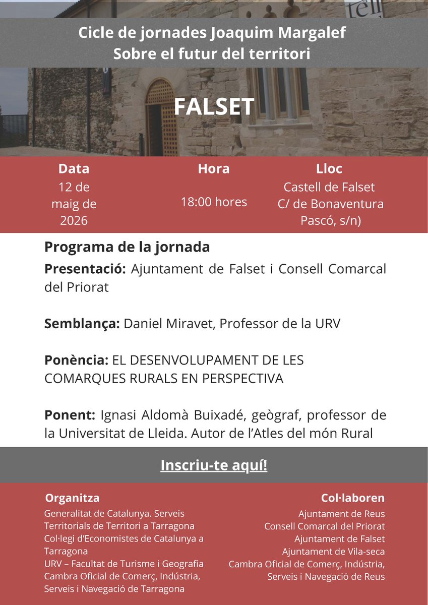 ftgURV's tweet photo. Dimarts 12 de maig Falset acollirà una nova activitat del "Cicle de jornades Joaquim Margalef". La Facultat de Turisme i Geografia @universitatURV és una de les entitats organitzadores. Hi participa el Dr. Daniel Miravet, professor Dept @geografiaURV i investigador @gratetURV https://t.co/eNarPDITDz